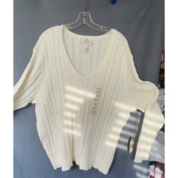 Sweaters - St Johns Bay Woman's 3X Ivory Cable Knit Sweater Cotton V Neck Long Sleeve